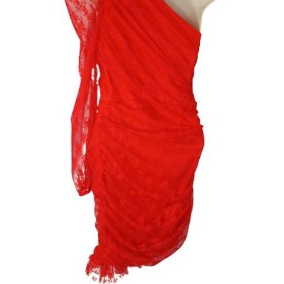 Whyte Valentine Red Lace One Shoulder Ruched Puff Sleeve Mini Dress - Picture 4 of 4